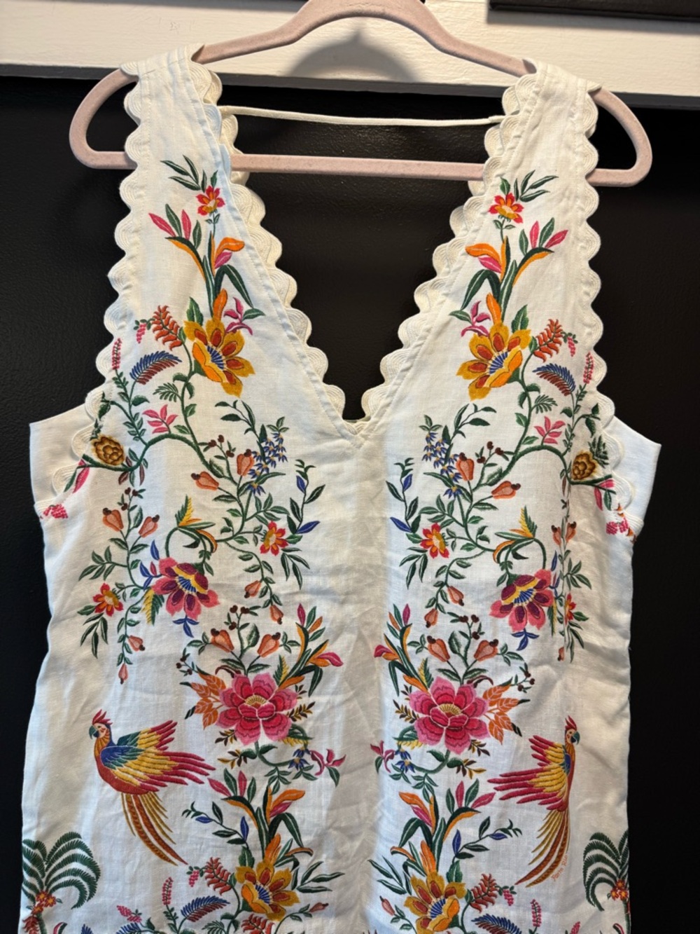 FARM Rio White Linen Maxi Dress with Bright Floral & Bird print with POCKETS L - Picture 5 of 11